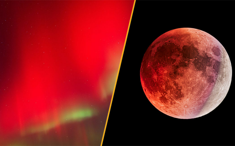 Espacio: Aurora roja y eclipse lunar en una noche