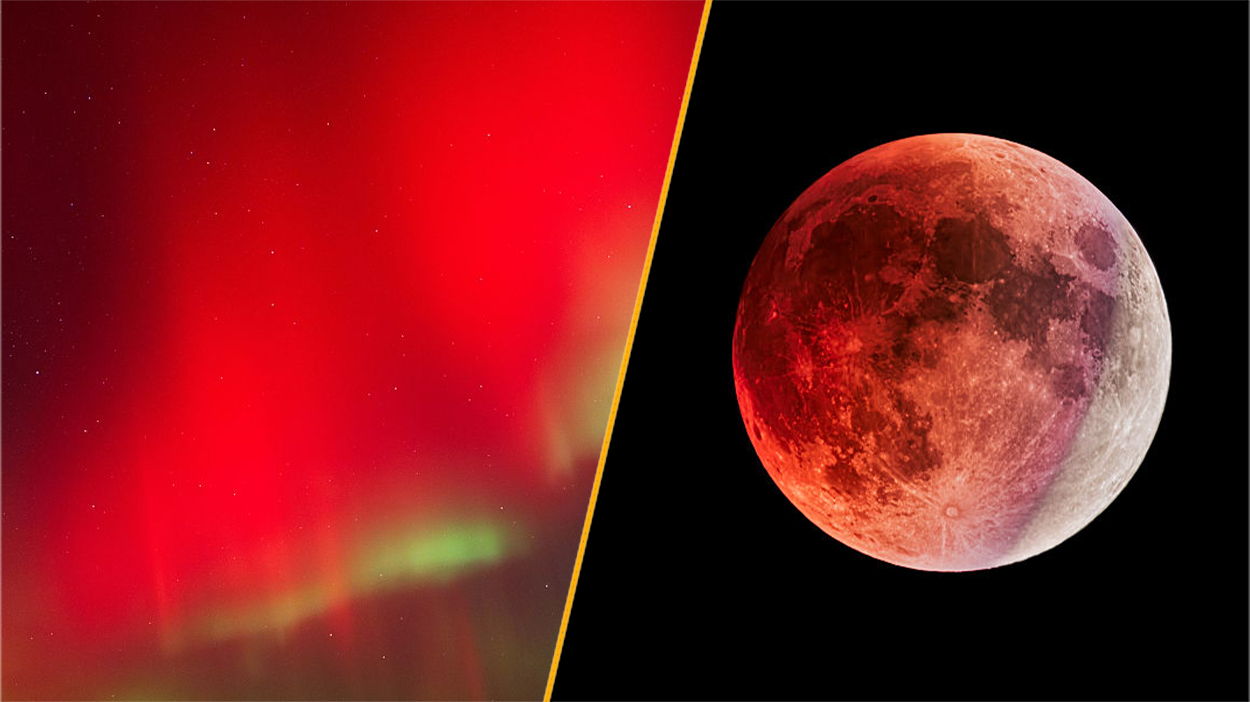 Espacio: Aurora roja y eclipse lunar en una noche