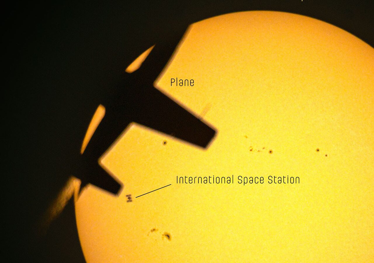 Espacio: Un avión, la ISS y el Sol en una sola foto