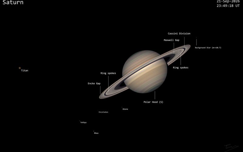 Espacio: Saturno, sus anillos y lunas bajo un cielo favorable