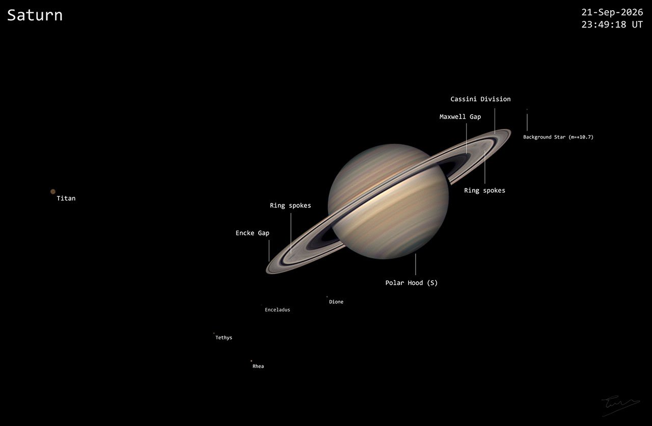 Espacio: Saturno, sus anillos y lunas bajo un cielo favorable